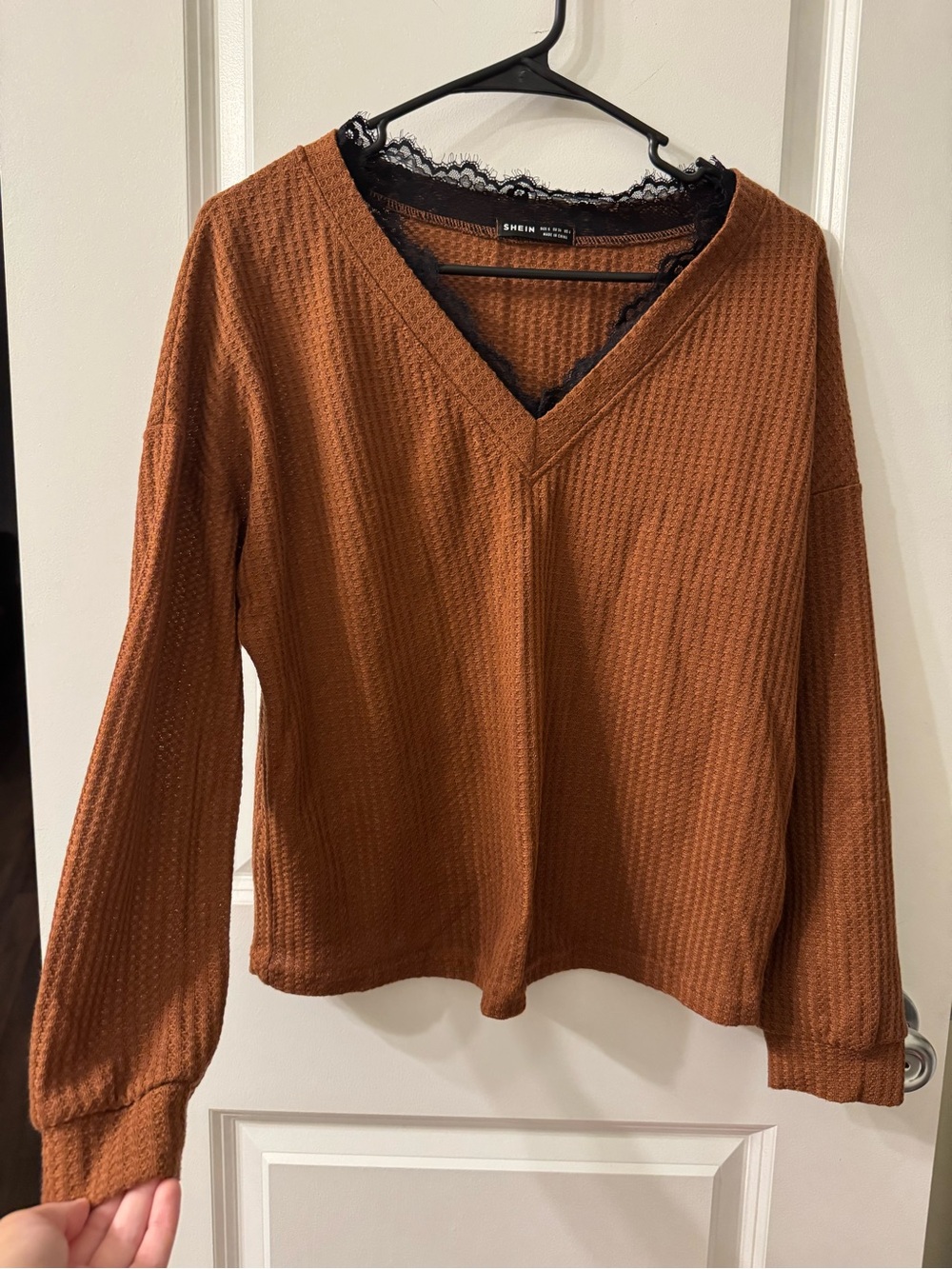 SHEIN Rust Waffle Knit Long Sleeve Top with Black Lace Trim
